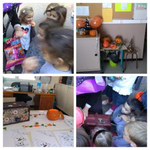 Ecole Sainte Marie Fuveau jeu Halloween les enfants regardent dans le coffre à trésor et découvrent des bonbons