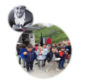 image de Coluche et des enfants devant les restos du coeur de Fuveau qui montrent les colis alimentaires qu'ils ont offer