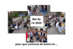 ecole Sainte Marie Fuveau bol de riz 2025 photo des enfants dans la cour mangeant leur bol de riz avec ravissement